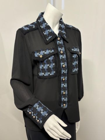 EDWARD ACHOUR PARIS DENIM CHECK DETAIL BLOUSE